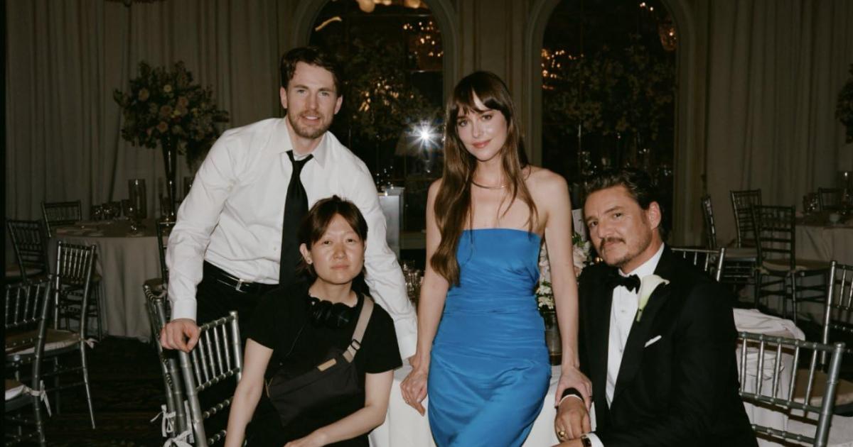 The cast of Materialists posing with Director Celine Song behind the scenes. Photo: A24 on Instagram