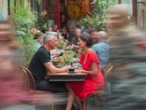 A couple enjoying a conversation at an outdoor cafe, highlighting local dating opportunities for singles