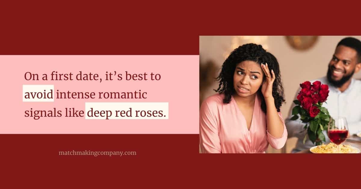 A graphic with a quote from this post, reinforcing that red roses should be avoided on a first date.