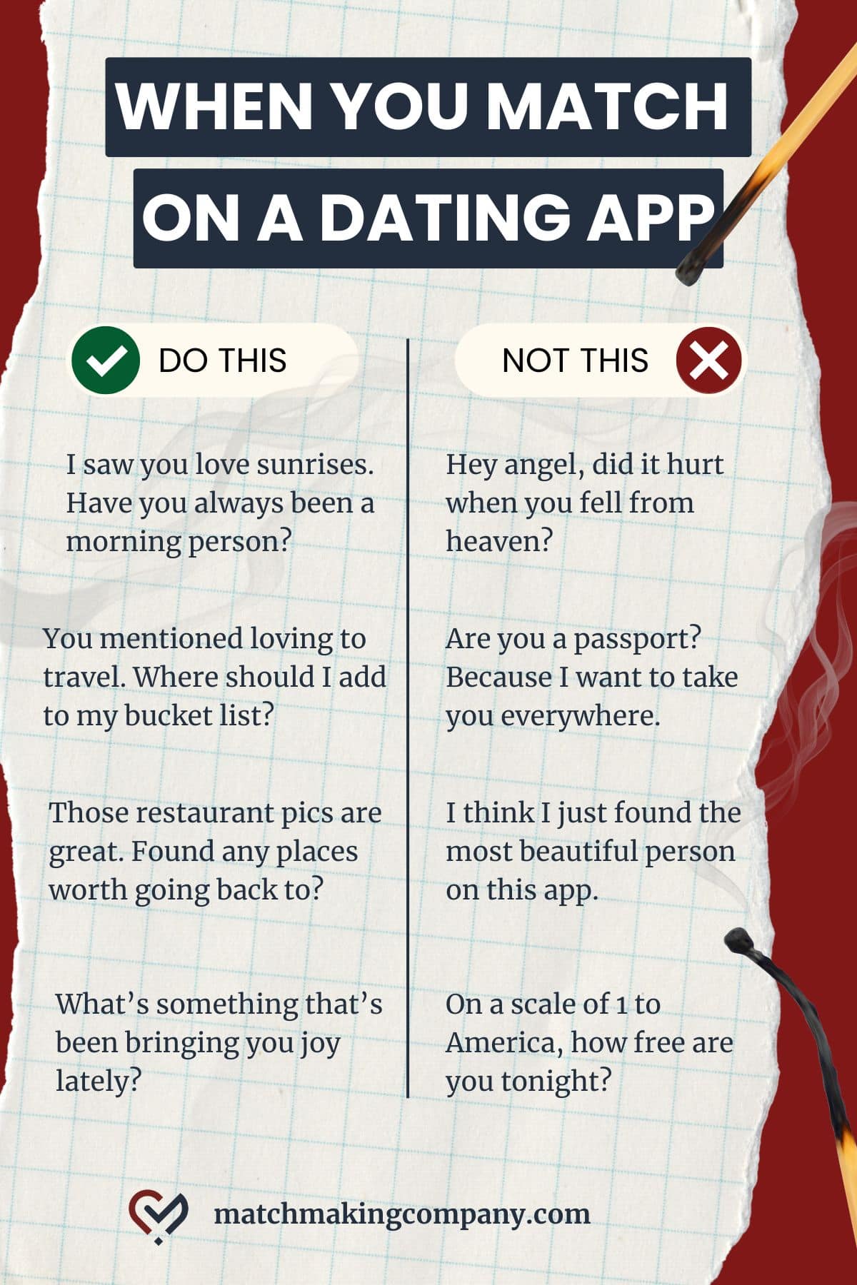 An infographic explaining what not to say when you match on an app.